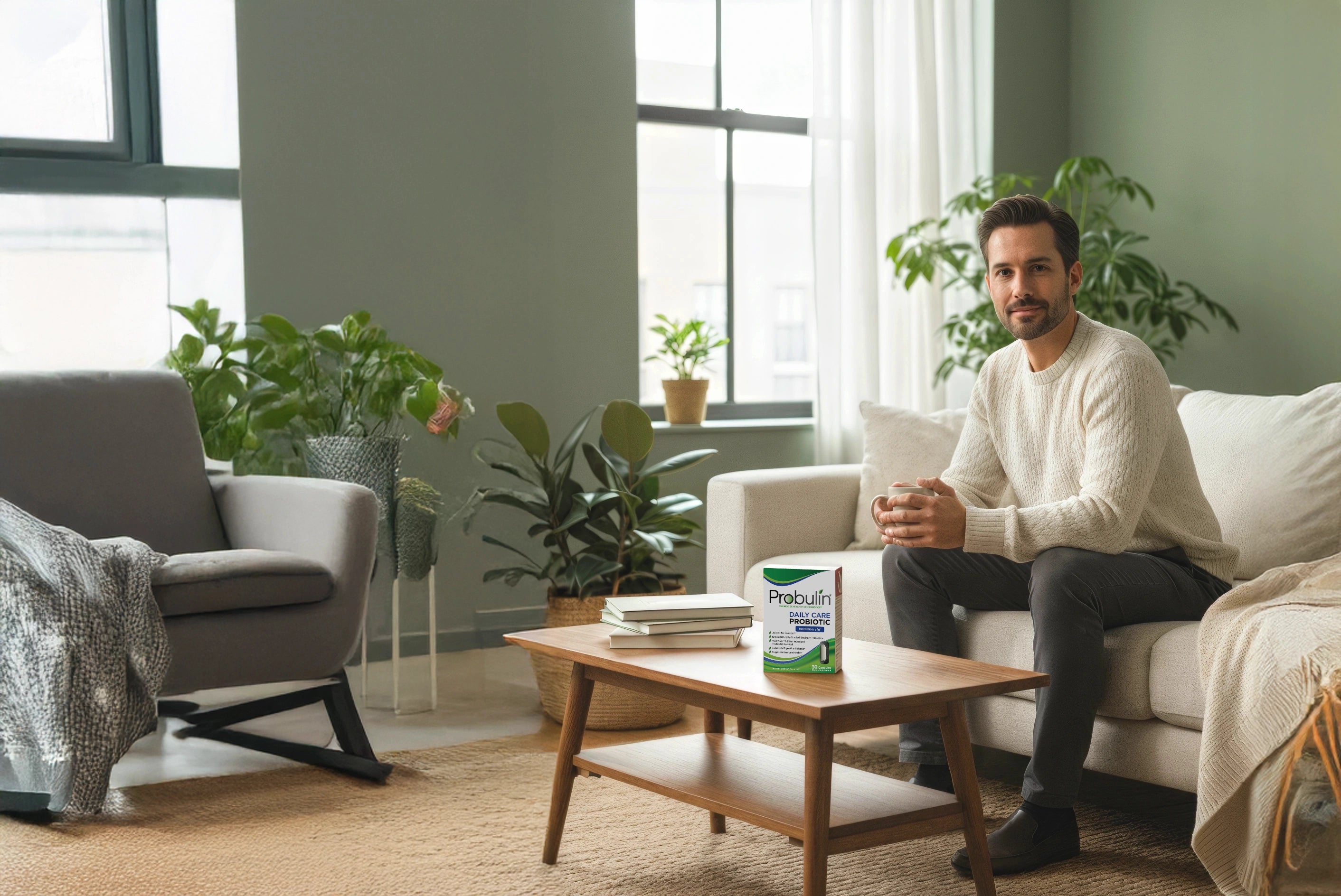 Hombre sentado con Probulin en la mesa